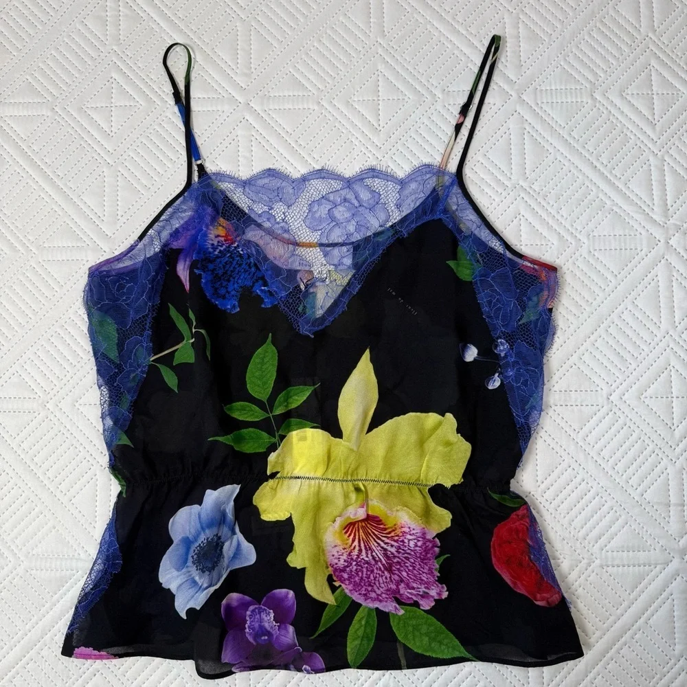 Fleur du Mal Black Floral Camisole With Blue Lace Size M - Picture 3 of 11
